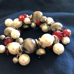 Silver white and red beaded bracelet